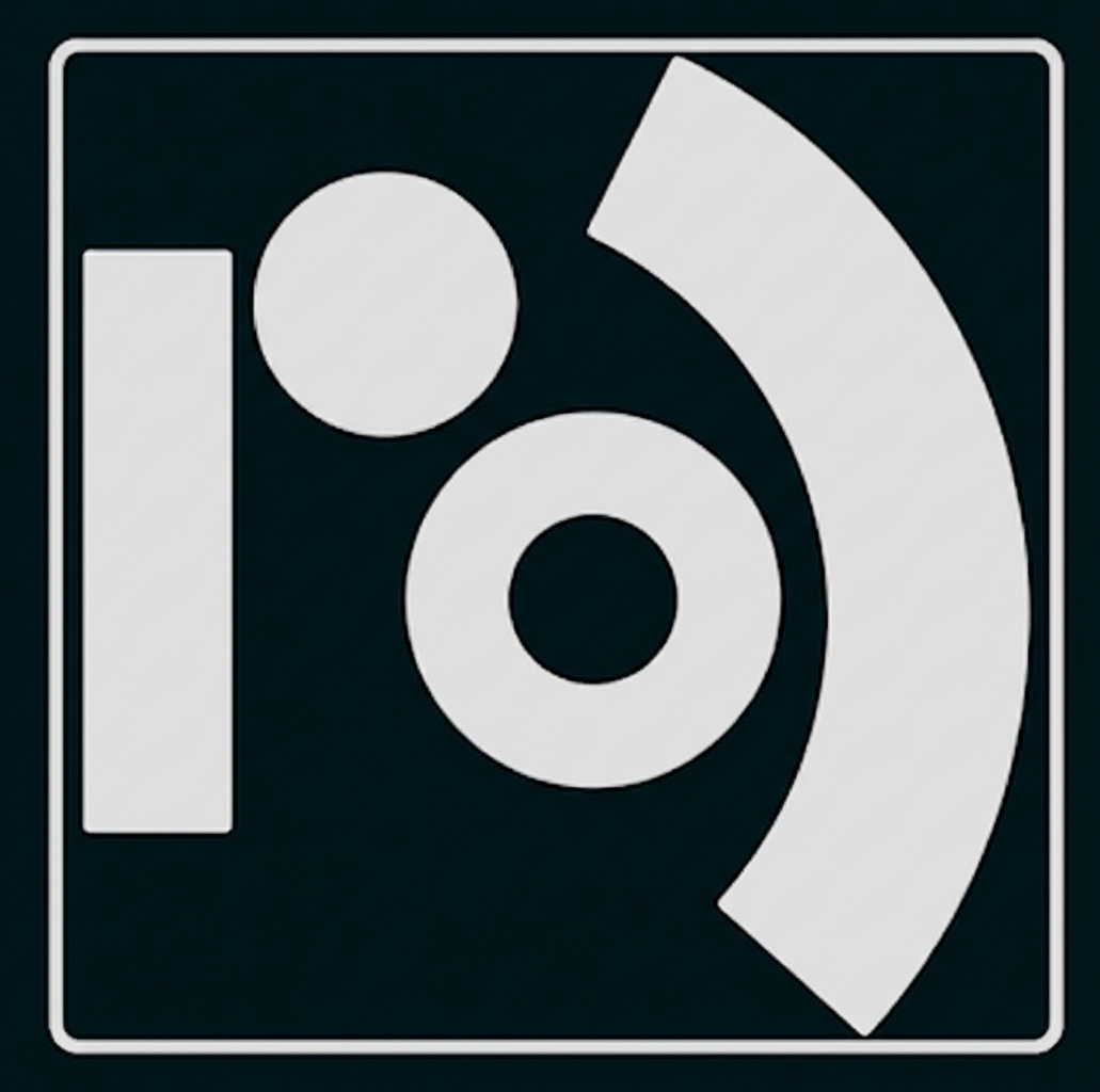 Grafik mit einfachen grauen Formen in Rahmen: vertikales Rechteck, kleiner Kreis, Ring und gebogener Balken.